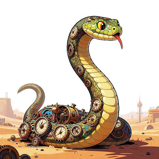Digital illustration of a vibrant, green-scaled snake with gears and clock faces integrated into its body, coiled in a desert with distant structures. Bright