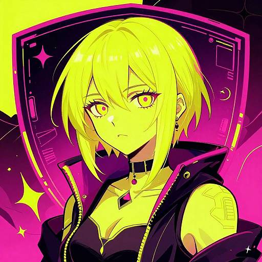 Digital anime-style portrait of a blonde, yellow-lit girl with glowing pink eyes, wearing a black, unzipped jacket, and a choker