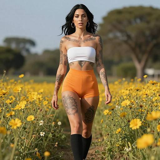 Tattooed Woman in Flower Field