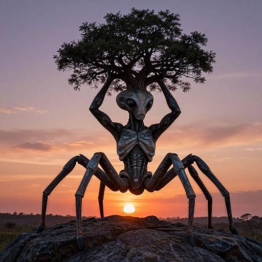 Photograph of a skeletal, spider-like creature with a tree-like head, holding its branches, silhouetted against a vibrant orange sunset in a