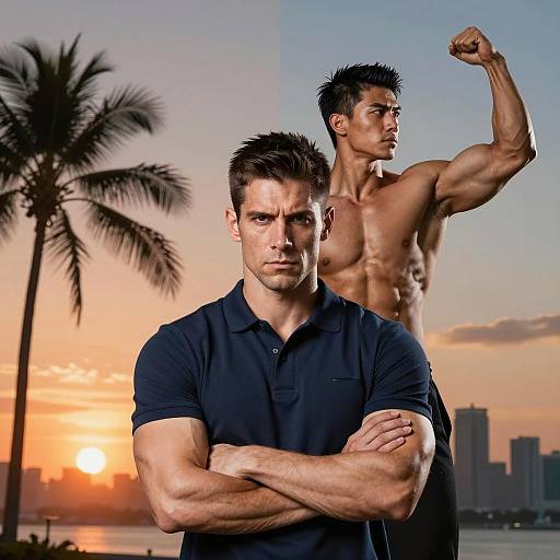 Intense Muscular Men at Sunset