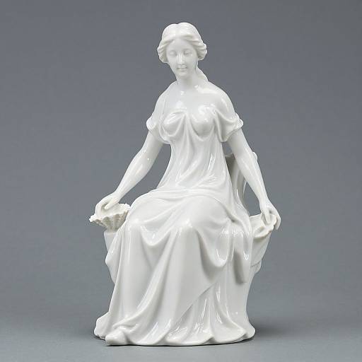 Photograph of a white marble statue of a classical woman in a flowing dress, seated with a gentle smile, holding a small bouquet, against a gray