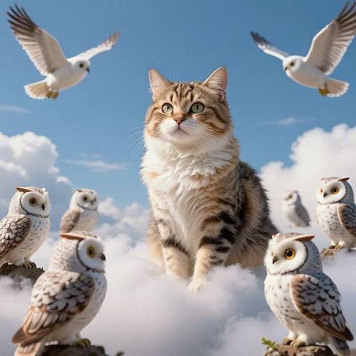 Photograph of a fluffy, brown tabby cat with green eyes surrounded by white owls with brown spots, flying above a cloudy sky. Bright blue