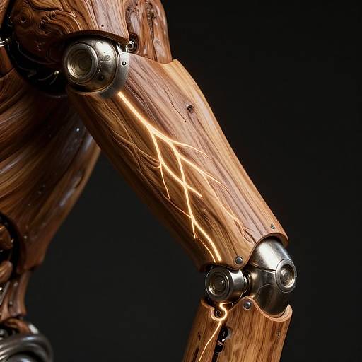 Photorealistic CGI of a wooden robotic arm with glowing, lightning-like cracks, metallic joints, and a dark background.