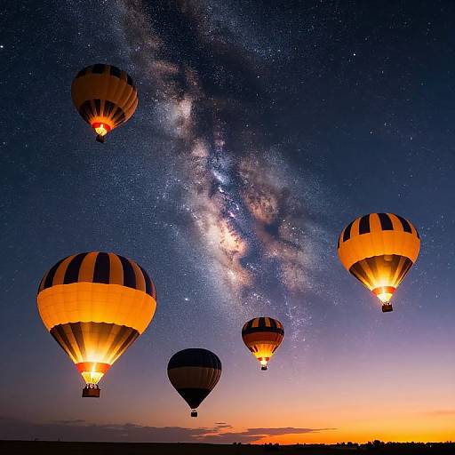 Photograph of five glowing hot air balloons against a night sky, with the Milky Way visible, creating a starry, cosmic backdrop.