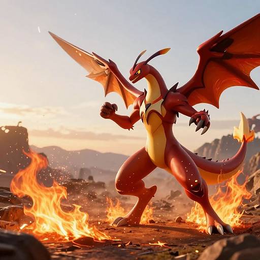 Digital art of a fierce red dragon with orange wings and yellow underbelly, standing amid fiery flames, ready to strike, against a sunset sky and