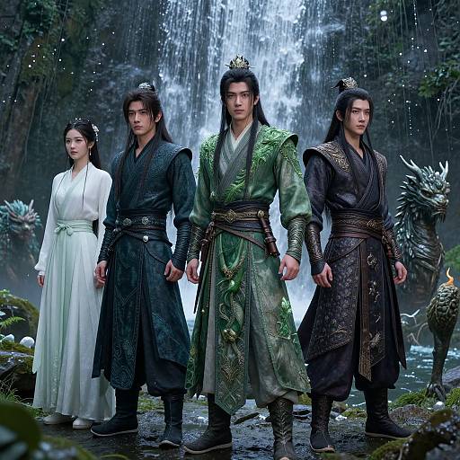 Photorealistic CGI image of four Asian warriors in traditional green and black robes, standing before a waterfall, with a woman in white on the left and