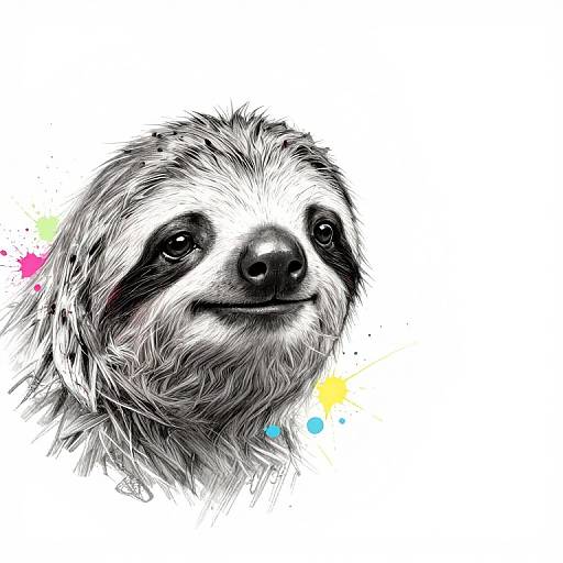 Digital drawing of a cute, realistic sloth with black markings around its eyes, white and grey fur, and colorful splashes in the background.