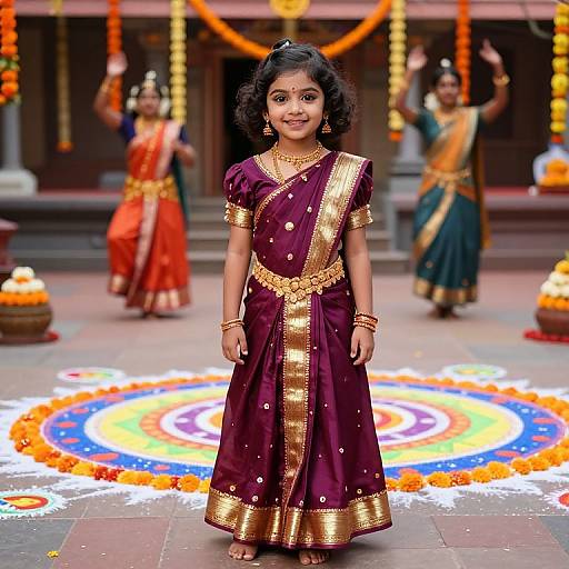 Photograph of a young Indian girl in a purple and gold traditional dress, standing center on a colorful rangoli, with two dancing women in the background