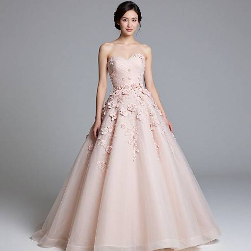 Photograph of a young woman in a strapless, pastel pink, lace-embellished ball gown with a full, tulle skirt,