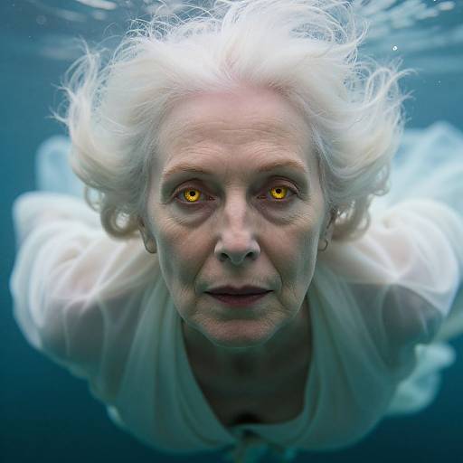 Photograph of an elderly woman with white hair and glowing yellow eyes underwater, wearing a translucent white garment, looking directly at the camera.