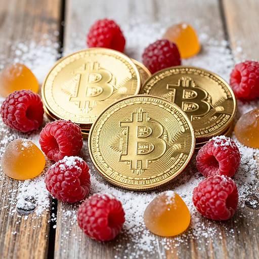 Bitcoin Coins with Raspberries and Candies