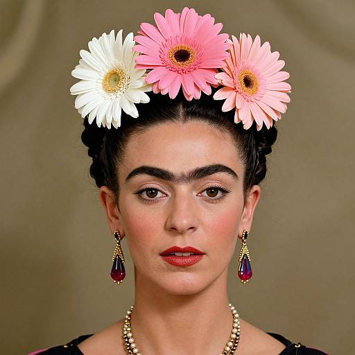 Photograph of Frida Kahlo with dark hair in an updo, wearing a flower crown with pink and white daisies, red lipstick,