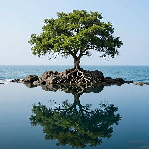 Photorealistic image of a solitary tree with exposed roots, standing on rocky outcrops in calm, reflective water, with a clear blue sky and