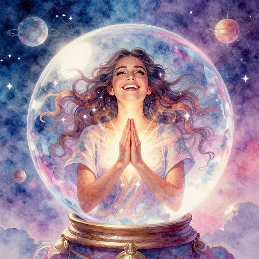 Digital painting of a smiling woman with wavy hair, hands clasped in prayer, inside a glowing, cosmic sphere, surrounded by stars and planets.