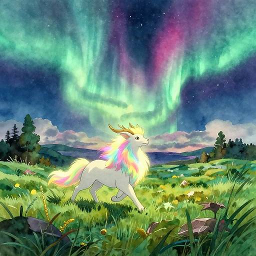 Digital painting of a white, rainbow-maned unicorn with antlers, walking in a vibrant, illuminated meadow under a stunning aurora borealis sky