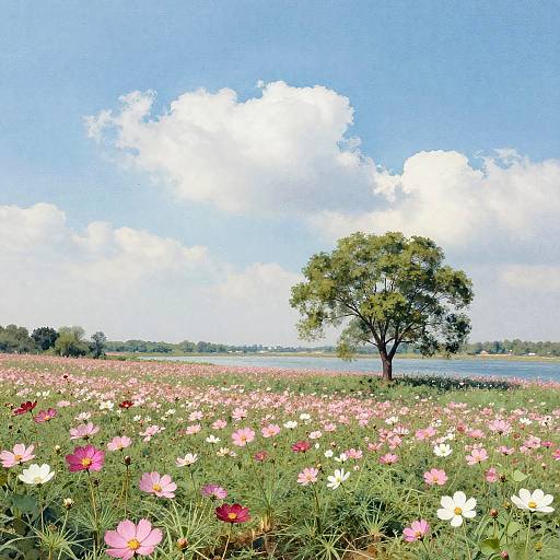 Watercolor Landscape with Flower Field