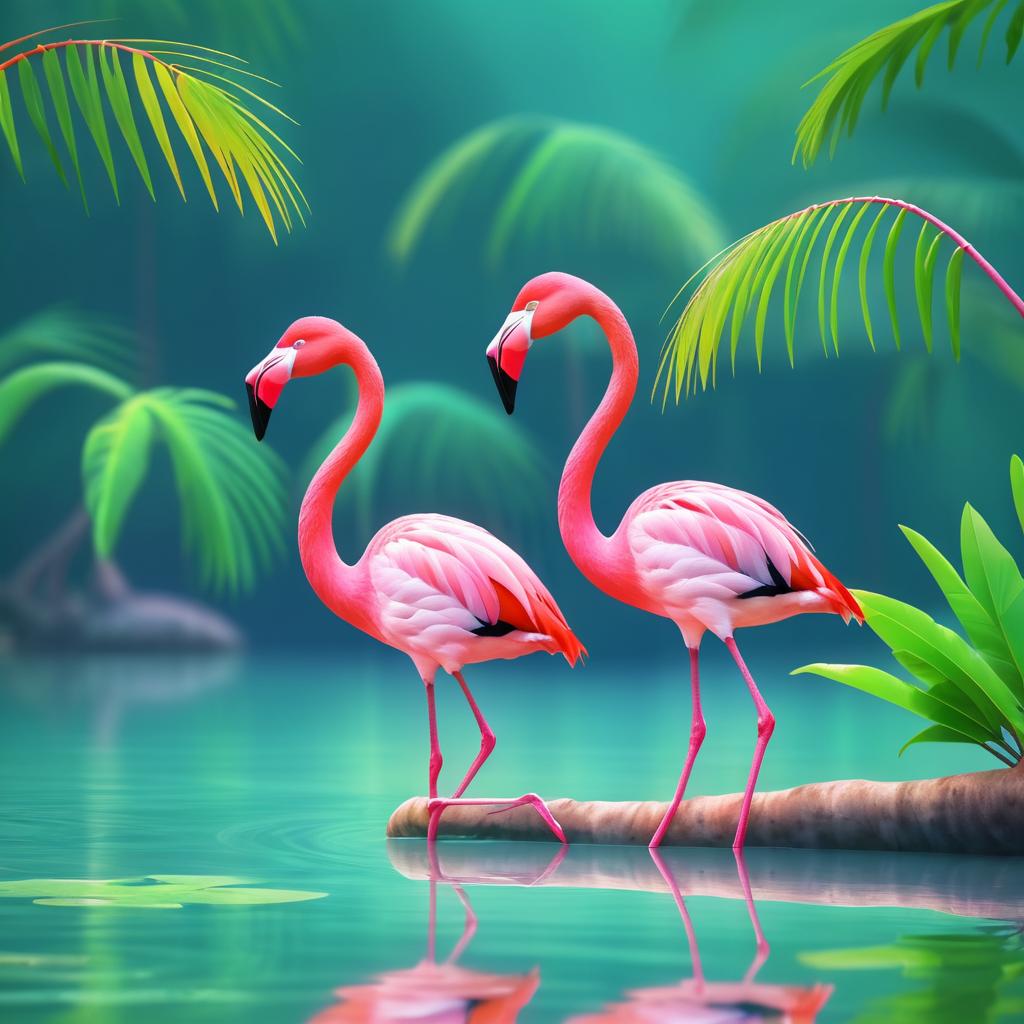 Vibrant 2D Flamingos on a Branch