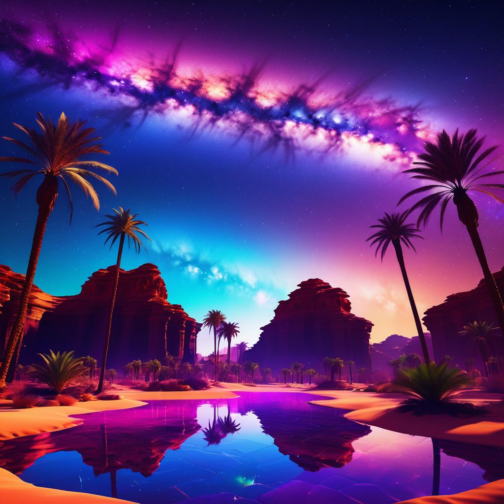 Psychedelic Desert Oasis Under Cosmic Skies