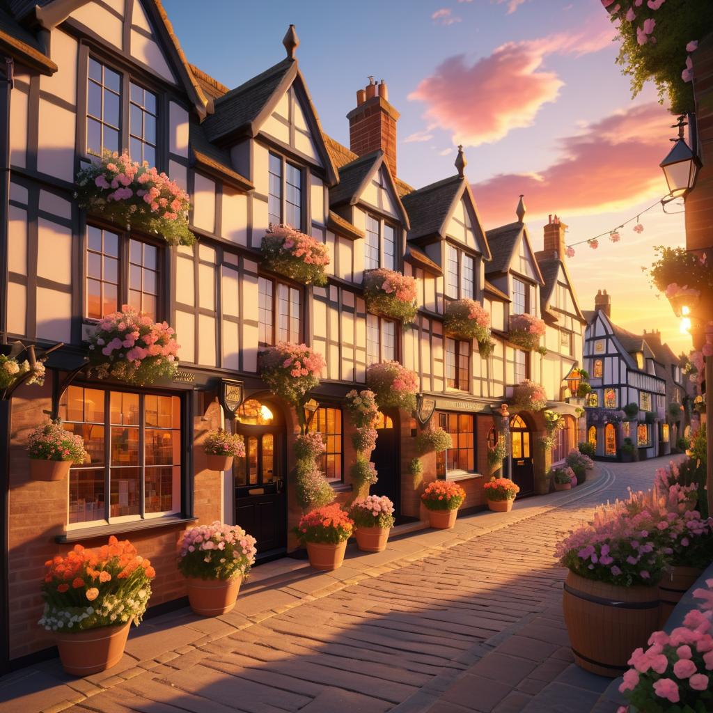 Romantic Isometric English Village at Sunset