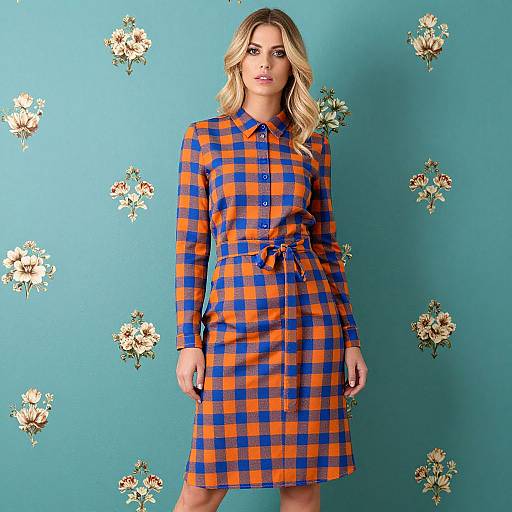 Photograph of a blonde woman in a blue-orange checkered, long-sleeved, belted dress standing against a teal wall with white floral patterns