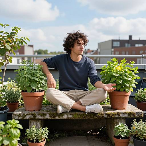 Young Man Relaxing in Urban Rooftop Garden