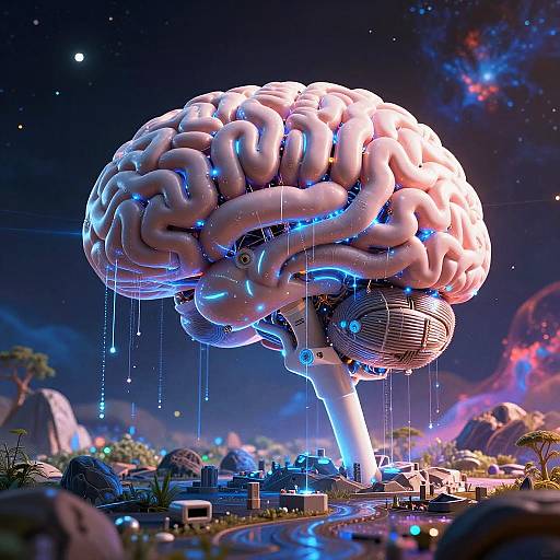 CGI image of a futuristic, glowing, brain-shaped structure with blue lights and water droplets, set against a colorful, starry, cosmic background
