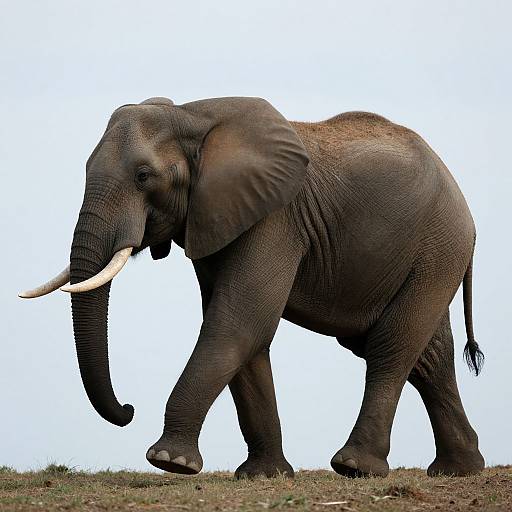 Photograph of a large, dark gray African elephant with prominent white tusks, walking on grassy terrain against a bright white sky.