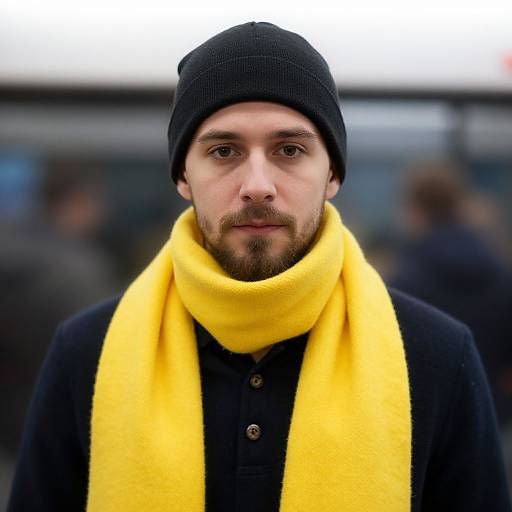 Photograph of a bearded man with fair skin, wearing a black beanie, bright yellow scarf, and dark coat, standing outdoors with a blurred