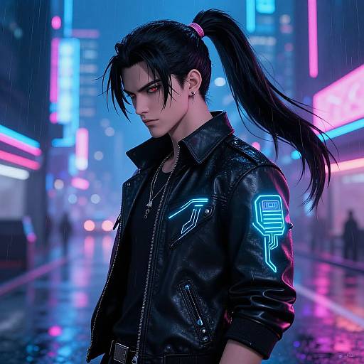 Cyberpunk-style digital artwork of a serious, pale-skinned male with black hair in a high ponytail, wearing a black leather jacket with neon