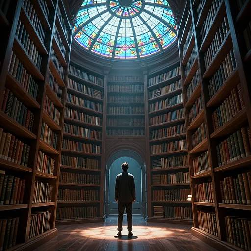 Photograph of a man in a dark suit standing in a vast, dimly lit library with towering wooden bookshelves and a colorful stained-glass
