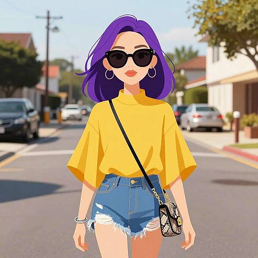 Digital art of a purple-haired woman in a yellow shirt, black sunglasses, hoop earrings, denim shorts, and a black crossbody bag, walking on