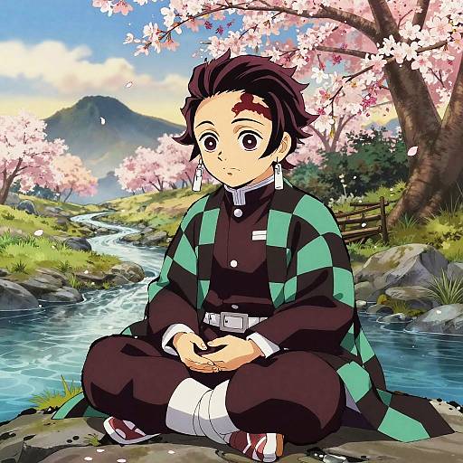 Anime-style drawing of a black-haired boy with large eyes, wearing a black and green checkered kimono, sitting by a stream under cherry blossoms