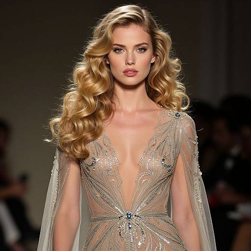 Photograph of a blonde, white woman with wavy hair, wearing a sheer, silver-embellished, deep V-neck gown, walking a