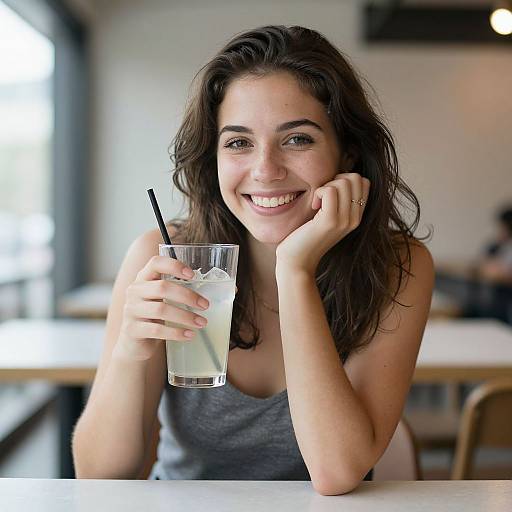 Photograph of a smiling young woman with wavy brown hair, wearing a gray tank top, holding a glass with a straw, seated at a sun
