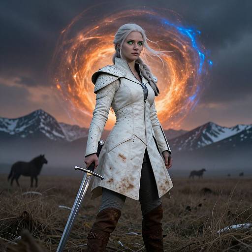 Digital artwork of a fierce, silver-haired woman in white, armored coat with sword, standing before a fiery, swirling sky and snowy mountains with horses in