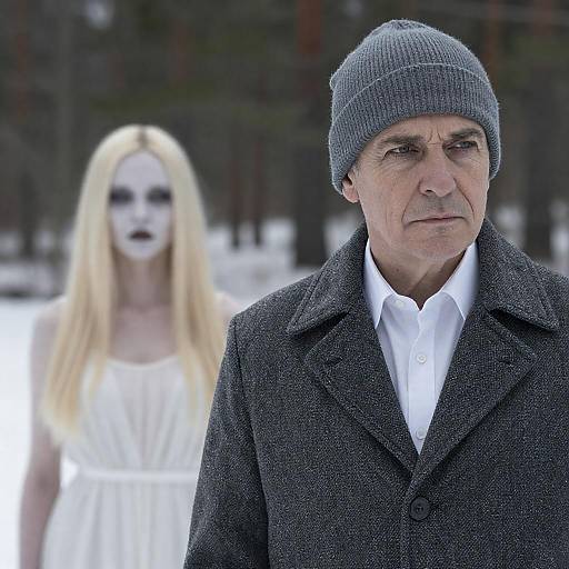 Man in Gray Beanie with Pale Woman in Snowy Forest