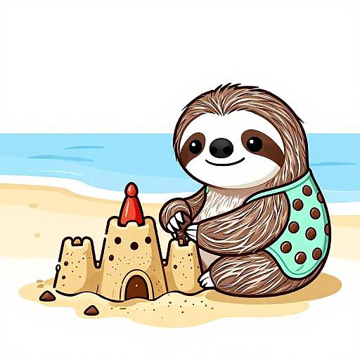 Cartoon sloth in a polka-dot swimsuit building a sandcastle with a red flag on a sunny beach. Digital illustration.