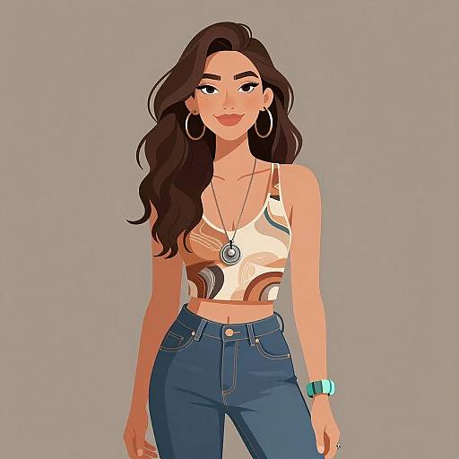 Digital illustration of a smiling woman with long brown hair, wearing a white crop top with abstract patterns, blue jeans, large hoop earrings, and a turquoise