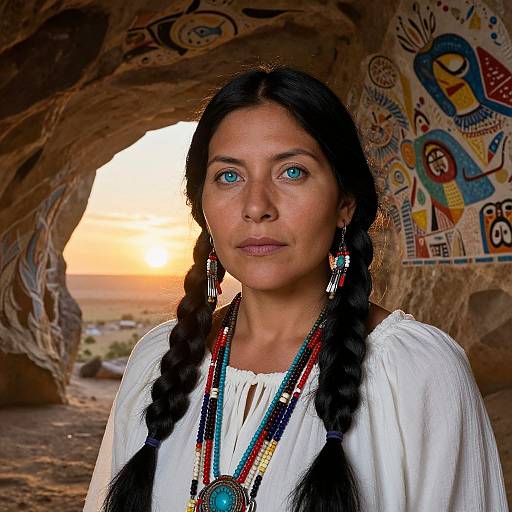Photograph of a Native American woman with long black braids, blue eyes, wearing a white blouse and beaded necklace, standing in a sunlit