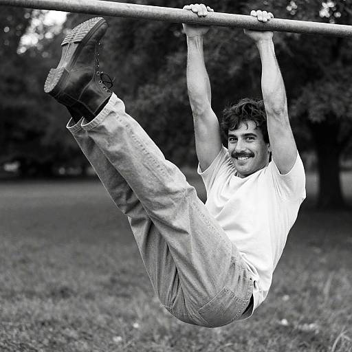 Man Hanging from Metal Bar Outdoors