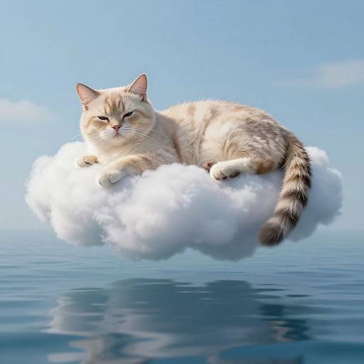 Photograph of a relaxed, cream-colored cat with dark stripes lounging on a fluffy white cloud above calm blue ocean waters.