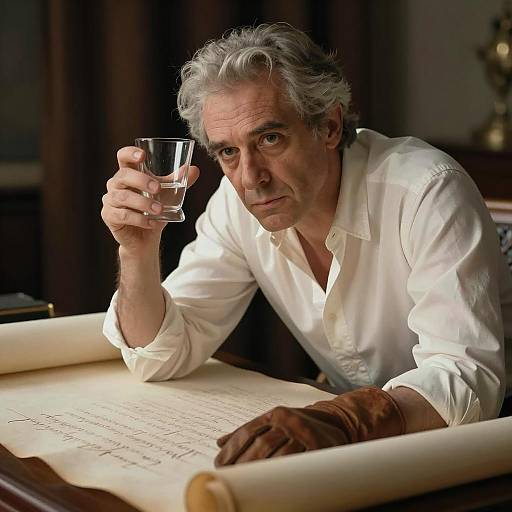 Elderly Man on Parchment with Intense Gaze