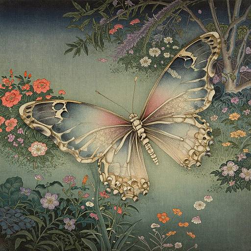 Digital artwork of a glowing, intricate butterfly with iridescent wings, surrounded by vibrant, colorful flowers and lush greenery against a textured, blue-green
