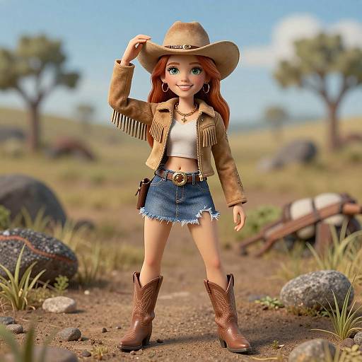 Grinning Redhead Cowgirl in Nature Scene