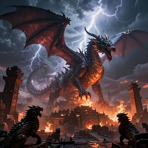 Digital artwork of a massive, black, lightning-illuminated dragon with red wings and scales, roaring over a burning, ancient cityscape with sil