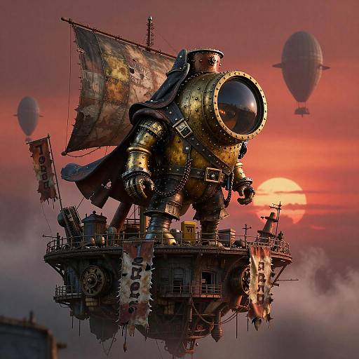 Dramatic Clockwork Sky-Pirate Scene