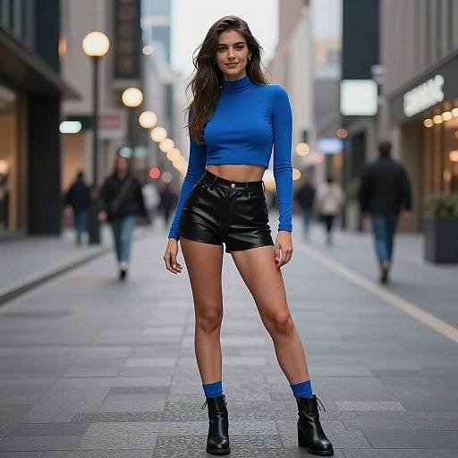 Young Woman in Blue Crop Top and Leather Shorts on Urban Street