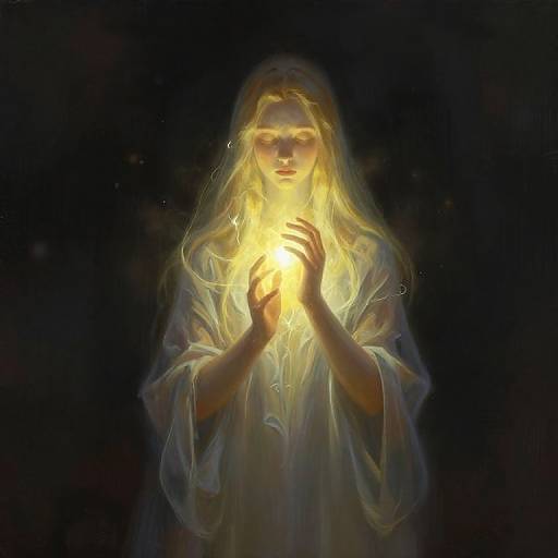 Digital painting of a glowing, ethereal woman with long, flowing blonde hair, white robe, and outstretched hands, illuminating a bright,