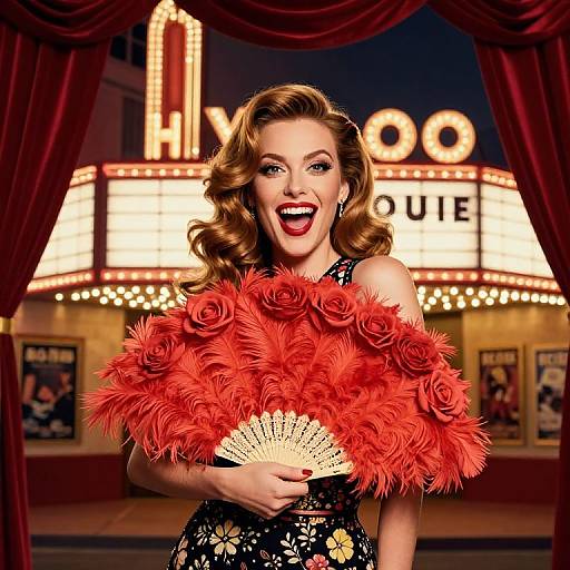Vintage-styled woman with red roses and feather fan, smiling brightly, in front of a neon-lit marquee, wearing a black floral dress.